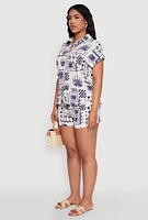 Womens Palm Tree Print Fixed Cuff Shirt, Blue, Size S