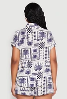 Womens Palm Tree Print Fixed Cuff Shirt, Blue, Size S