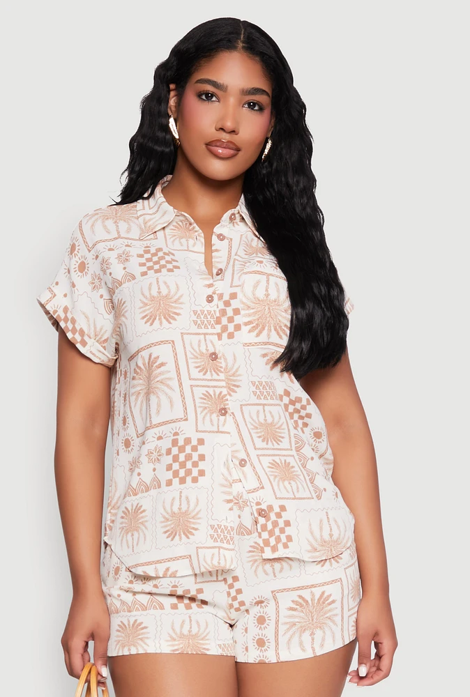 Womens Palm Tree Print Fixed Cuff Shirt, M
