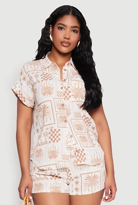 Womens Palm Tree Print Fixed Cuff Shirt, M