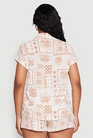 Womens Palm Tree Print Fixed Cuff Shirt, M