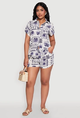 Womens Palm Tree Print Elastic Waist Shorts,