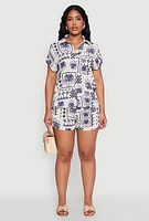Womens Palm Tree Print Elastic Waist Shorts, XL
