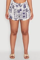 Womens Palm Tree Print Elastic Waist Shorts, XL