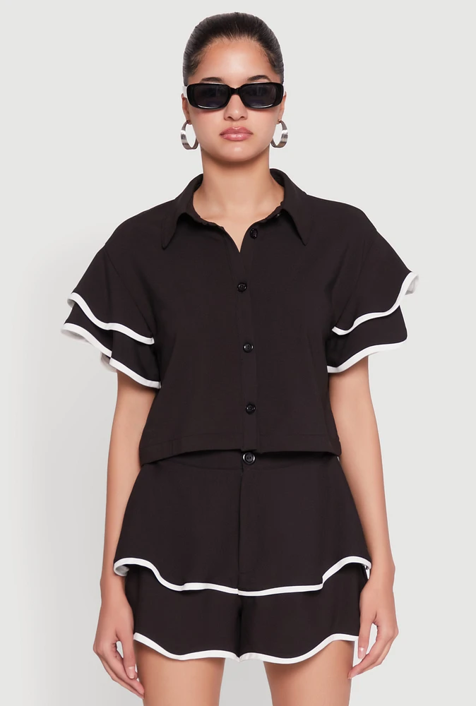 Womens Crepe Knit Contrast Trim Flutter Sleeve Blouse,