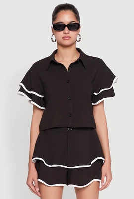 Womens Crepe Knit Contrast Trim Flutter Sleeve Blouse,