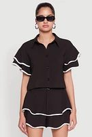 Womens Crepe Knit Contrast Trim Flutter Sleeve Blouse,