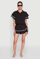 Womens Crepe Knit Contrast Trim Flutter Sleeve Blouse,