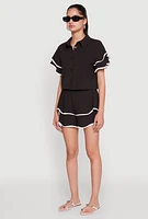 Womens Crepe Knit Contrast Trim Flutter Sleeve Blouse,