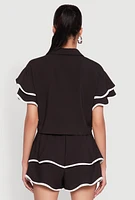 Womens Crepe Knit Contrast Trim Flutter Sleeve Blouse,