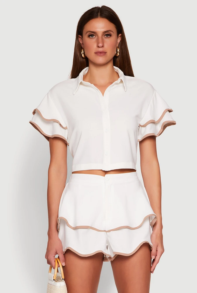 Womens Crepe Knit Contrast Trim Flutter Sleeve Blouse, White, Size M