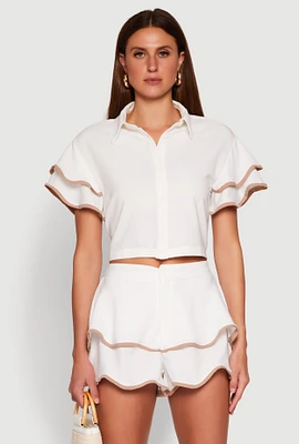 Womens Crepe Knit Contrast Trim Flutter Sleeve Blouse, White, Size M