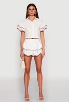 Womens Crepe Knit Contrast Trim Flutter Sleeve Blouse, White, Size M