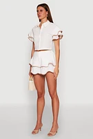 Womens Crepe Knit Contrast Trim Flutter Sleeve Blouse, White, Size M