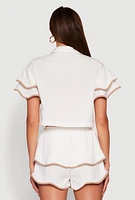 Womens Crepe Knit Contrast Trim Flutter Sleeve Blouse, White, Size M