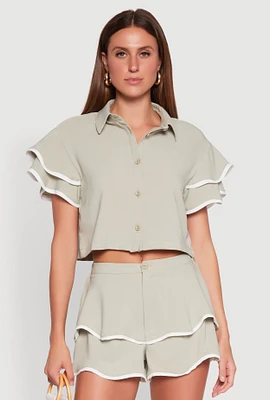 Womens Crepe Knit Contrast Trim Flutter Sleeve Blouse,