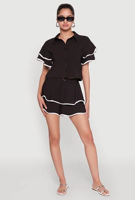 Womens Contrast Trim Tiered Ruffle Shorts, Black,