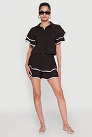 Womens Contrast Trim Tiered Ruffle Shorts, Black,