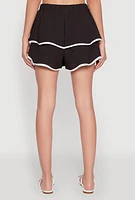 Womens Contrast Trim Tiered Ruffle Shorts, Black,