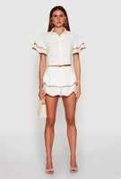 Womens Contrast Trim Tiered Ruffle Shorts, Khaki,