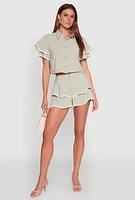Womens Contrast Trim Tiered Ruffle Shorts, Green, Size L