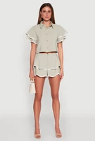 Womens Contrast Trim Tiered Ruffle Shorts, Green, Size L