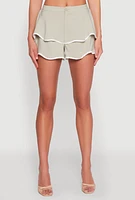 Womens Contrast Trim Tiered Ruffle Shorts, Green, Size L