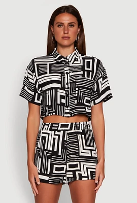 Womens Crepe Knit Geometric Print Cropped Shirt,