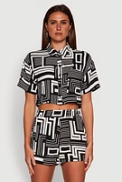 Womens Crepe Knit Geometric Print Cropped Shirt,