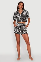 Womens Crepe Knit Geometric Print Cropped Shirt,