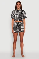 Womens Crepe Knit Geometric Print Cropped Shirt,