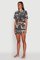 Womens Crepe Knit Geometric Print Cropped Shirt,