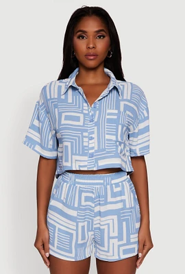 Womens Crepe Knit Geometric Print Cropped Shirt, Blue, Size S