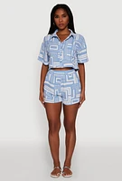 Womens Crepe Knit Geometric Print Cropped Shirt, Blue, Size S