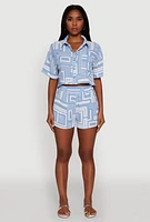 Womens Crepe Knit Geometric Print Cropped Shirt, Blue, Size S