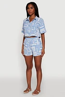 Womens Crepe Knit Geometric Print Cropped Shirt, Blue, Size S