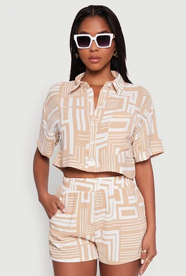 Womens Crepe Knit Geometric Print Cropped Shirt,