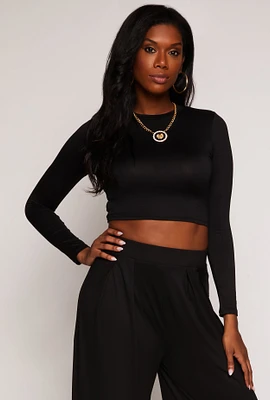 Womens Soft Knit Long Sleeve Crop Top, Black, Size L