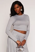 Womens Soft Knit Long Sleeve Crop Top, Grey,