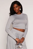 Womens Soft Knit Long Sleeve Crop Top, Grey, Size S