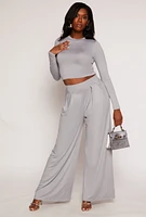Womens Soft Knit Long Sleeve Crop Top, Grey, Size S