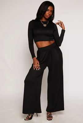 Womens Soft Knit High Waisted Palazzo Pants, Black, Size S