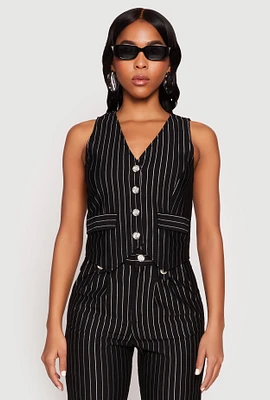 Womens Pin Stripe Button Front Vest, Black, Size L