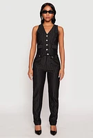 Womens Pin Stripe Button Front Vest, Black, Size XL