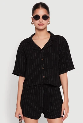 Womens Linen Pinstripe Shirt, Black, Size L