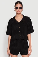 Womens Linen Pinstripe Shirt, Black, Size L