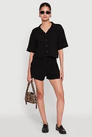 Womens Linen Pinstripe Shirt, Black, Size L
