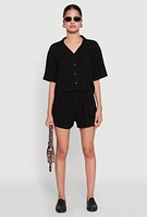 Womens Linen Pinstripe Shirt, Black, Size L