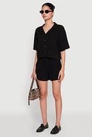 Womens Linen Pinstripe Shirt, Black, Size L