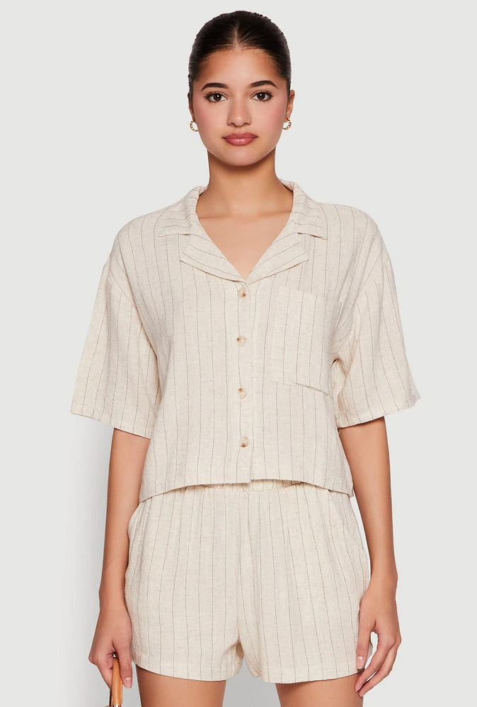 Womens Linen Pinstripe Shirt, Beige, Size L